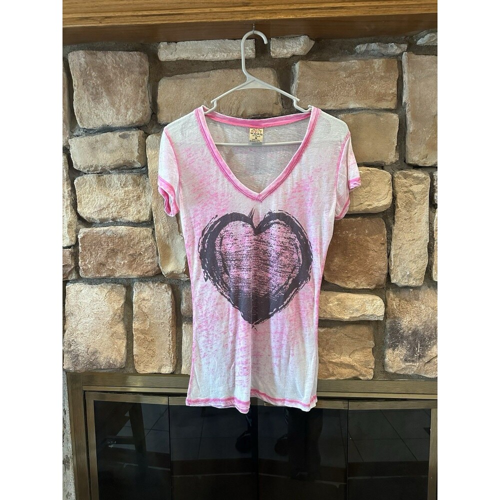 VTG Y2K Pink Heart Burnout Thin T Shirt Women’s M Well Worn Heather Grunge Skate
